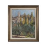 HERBERT DALY (20TH CENTURY) An Italian hillside church with poplars in the foreground Oil on canvas,