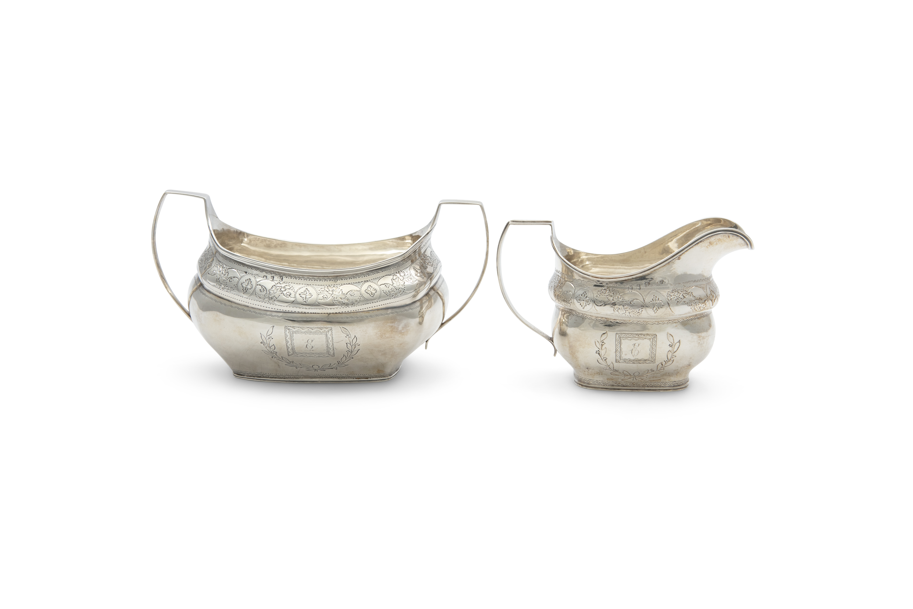 AN IRISH GEORGE III SILVER SUGAR BOAT AND CREAM JUG, Dublin 1805/1806, markers marks rubbed, each of