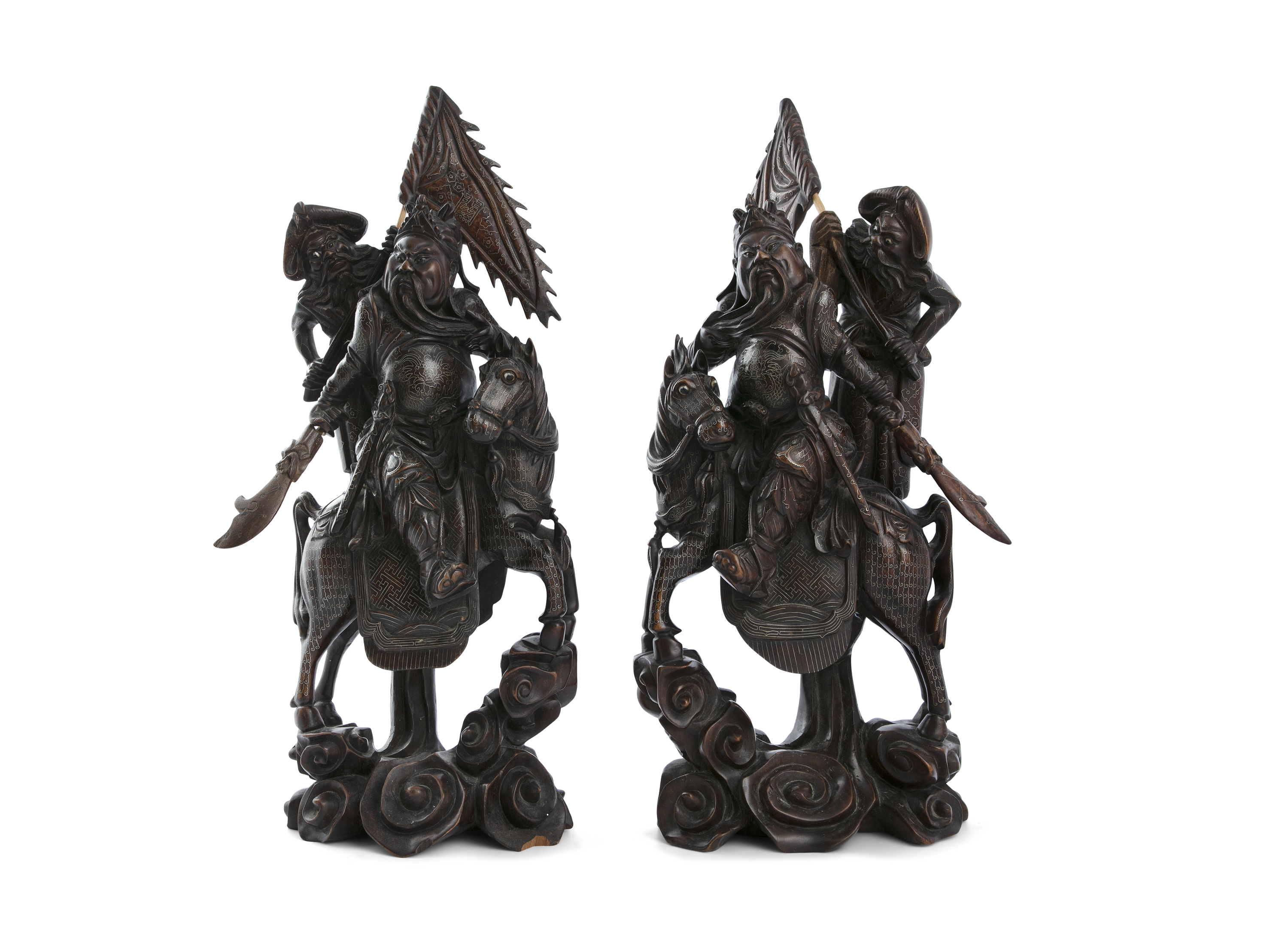 A PAIR OF CHINESE SILVER CHERRYWOOD FIGURES OF WARRIORS AND ATTENDANTS, late 19th century, - Image 3 of 3