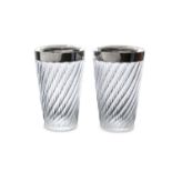 A PAIR OF VICTORIAN SILVER MOUNTED GLASSBEAKER VASES, London 1888, mark of Z Barraclough & Sons,