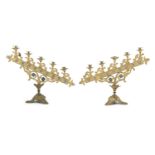 A PAIR OF FRENCH 19TH CENTURY ORMOLU GILT-BRASS FIVE-LIGHT ECCLESIASTICAL CANDELABRA, in an