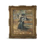 FRENCH SCHOOL (19TH CENTURY) Woman reading a paper, Bois de Boulogne, Paris Oil on canvas laid on