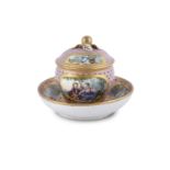 A SEVRES PORCELAIN CHOCOLATE CUP AND COVER WITH SAUCER, the pink ground with cobalt blue and