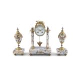 A FRENCH GILT METAL AND VEINED MARBLE THREE PIECE CLOCK SET, 19th century, the drum case