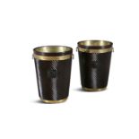 A PAIR OF GEORGIAN STYLE MAHOGANY AND BRASS BOUND PEAT BUCKETS. 67cm high, 49cm diameter