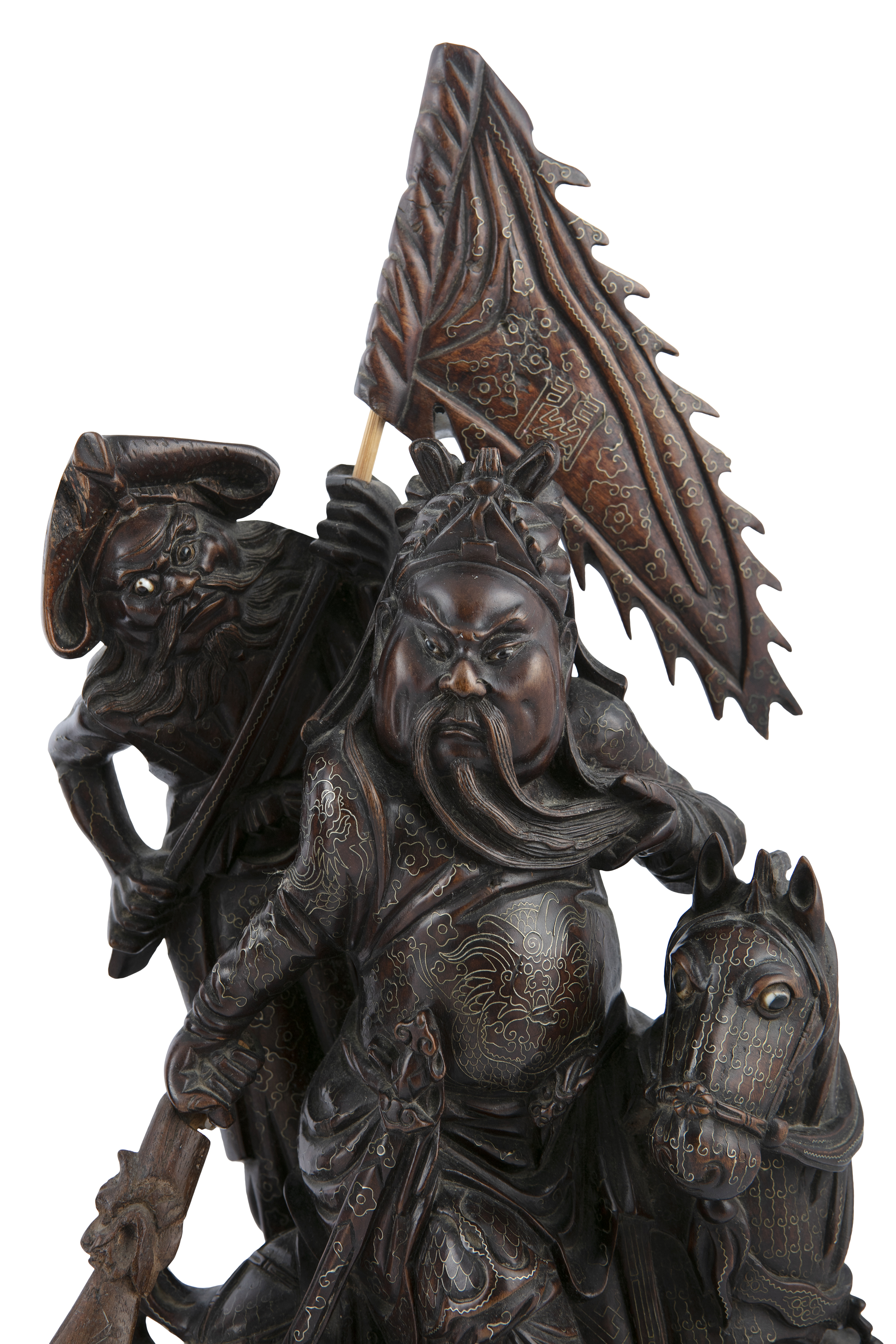 A PAIR OF CHINESE SILVER CHERRYWOOD FIGURES OF WARRIORS AND ATTENDANTS, late 19th century, - Image 2 of 3