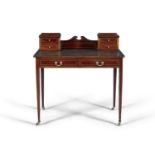 AN EDWARDIAN INLAID MAHOGANY RECTANGULAR WRITING TABLE, with surmounted drawers and green leather