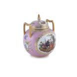 A HELENA WOLFSOHN TWO HANDLED PINK GROUND JAR AND COVER, Dresden, late 19th century, painted with '