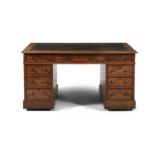 A VICTORIAN MAHOGANY RECTANGULAR TWIN PEDESTAL DESK, with inset leather scriver, with three frieze