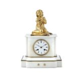 A LATE 19TH CENTURY ALABASTER MANTLE CLOCK, the flat top surmounted with a gilt brass figure of a