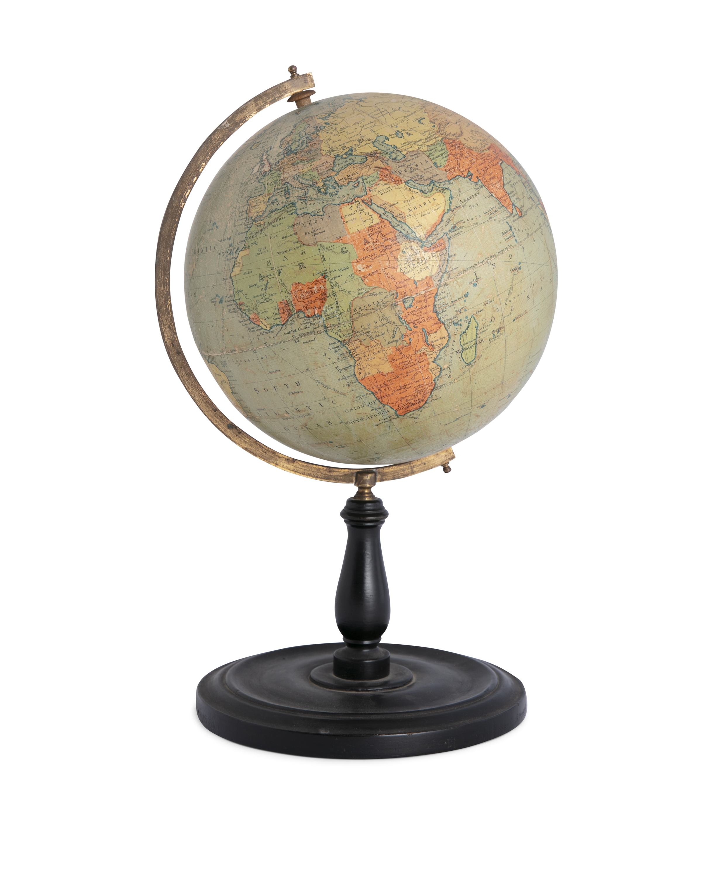 A PHILIPS 9 TERRESTRIAL GLOBE, early 20th century, supported on an engraved brass arc, and turned