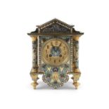 A FRENCH CLOISONNE ENAMEL MANTLE CLOCK, 19th century, or architectural form, with arched pediment