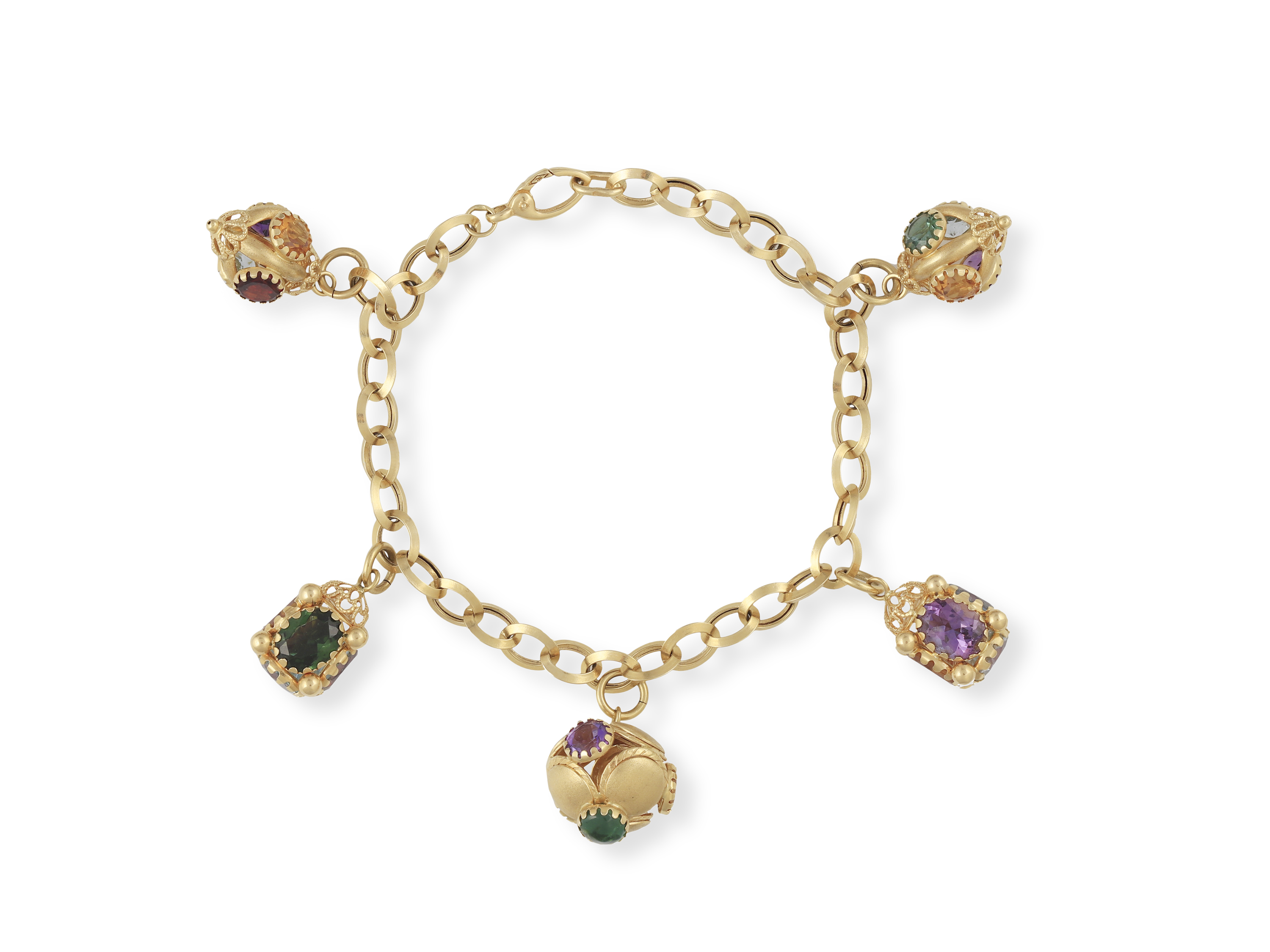 A GEM-SET CHARM BRACELET, CIRCA 1965 The fancy-link gold chain suspending five stylised lanterns