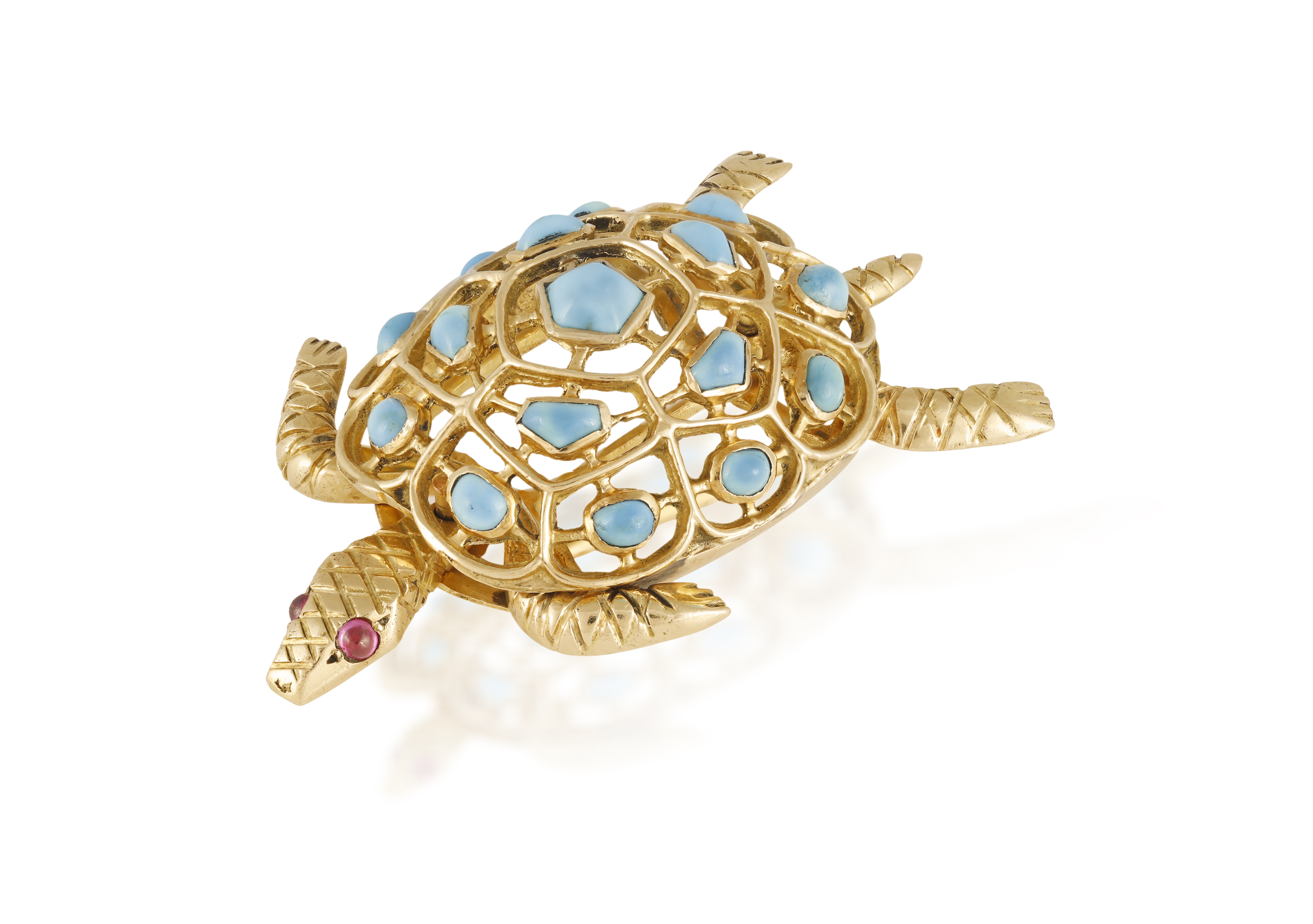 A GEMSET NOVELTY BROOCH, BY BOUCHERON, CIRCA 1965 Designed as an openwork textured gold turtle, with - Image 2 of 4