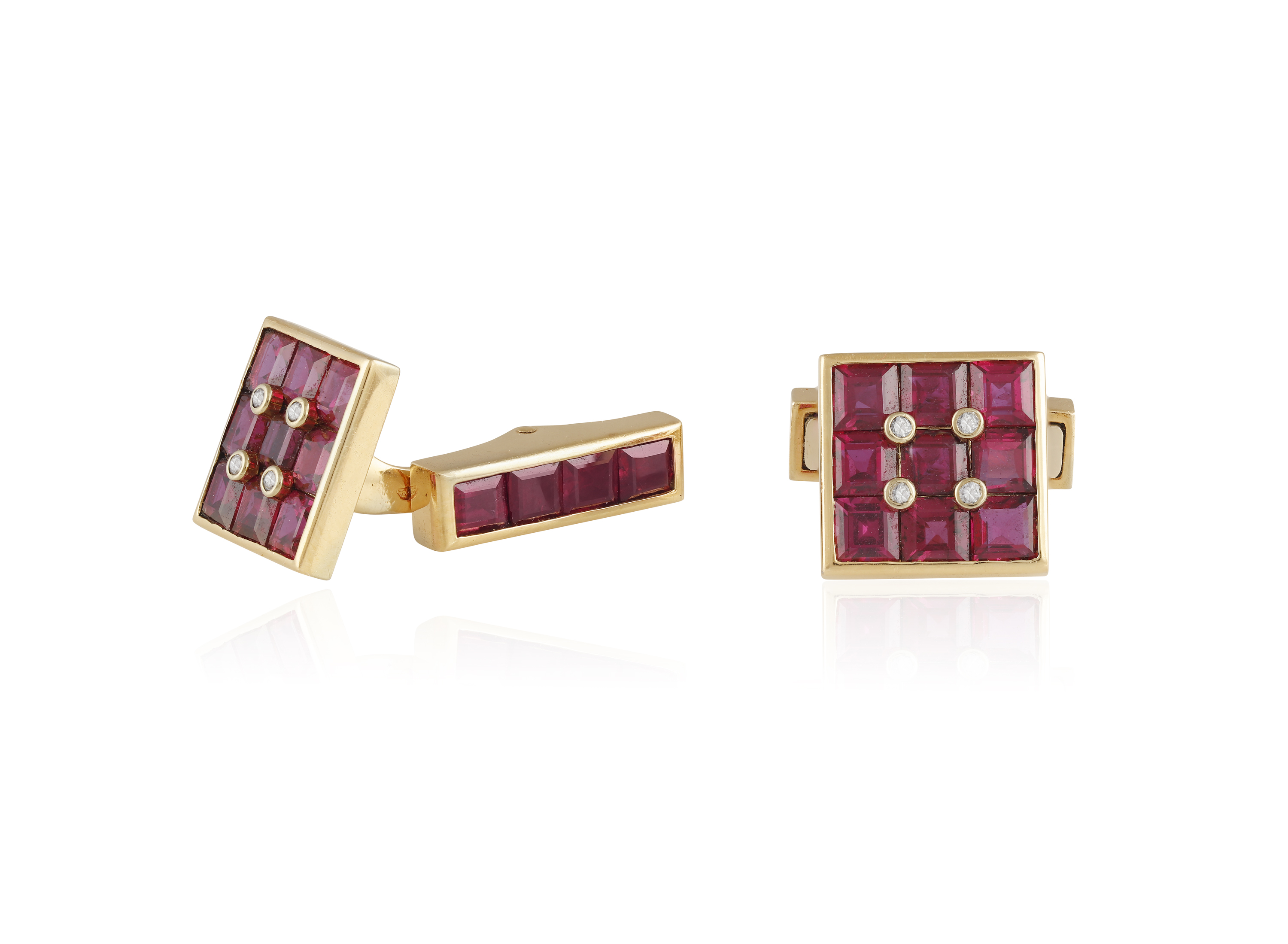 AN ELEGANT PAIR OF RUBY AND DIAMOND CUFFLINKS, BY CHAUMET, CIRCA 1925 Single-sided, each square