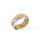 A TRI-COLOURED 'TRINITY' GOLD RING, BY CARTIER A three interlocking hoops of rose, yellow and