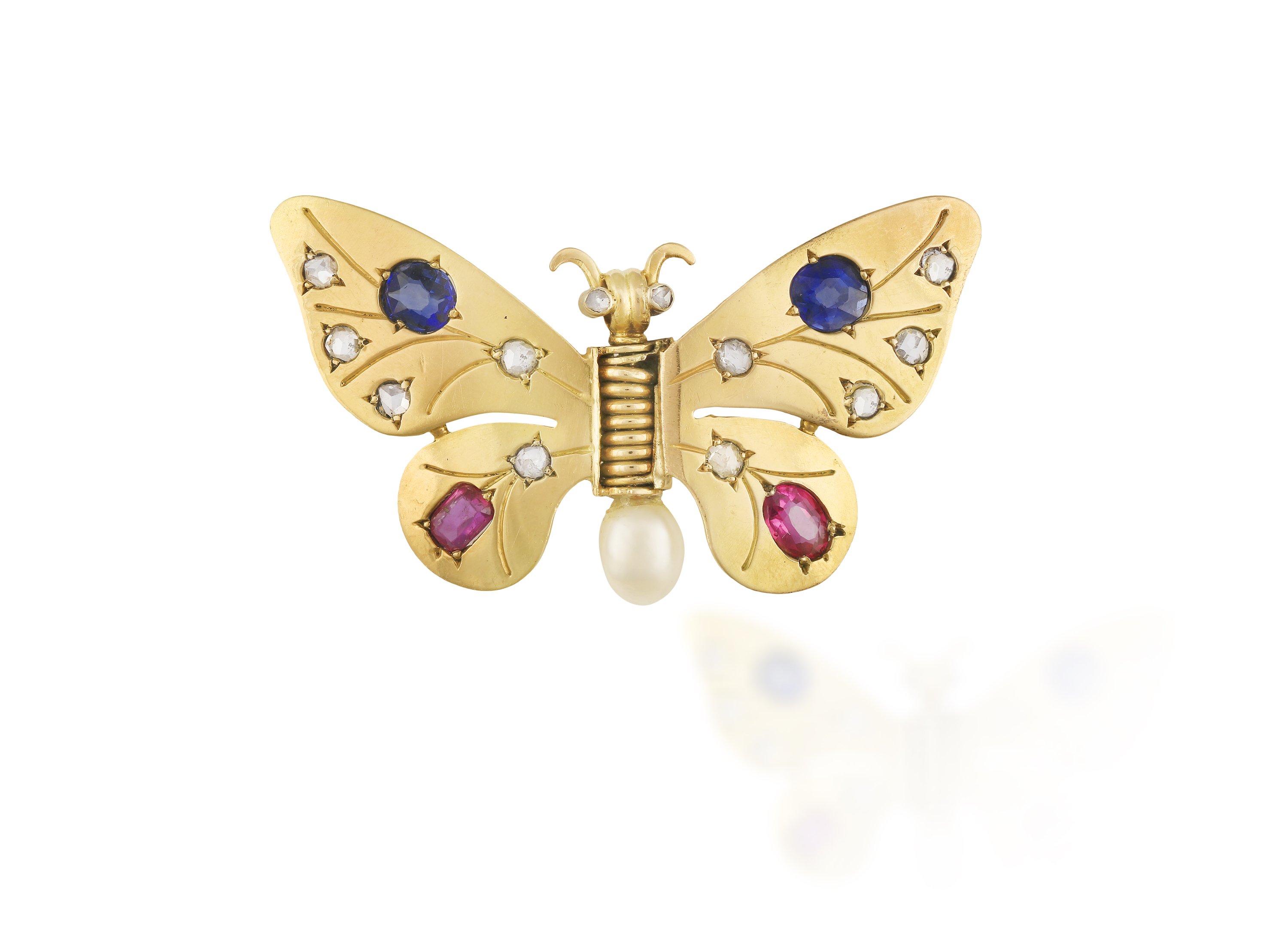 A GEM-SET AND DIAMOND PENDANT/BROOCH, BY RENE BOIVIN The stylised butterfly, the wings decorated