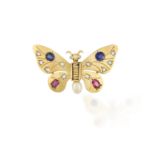 A GEM-SET AND DIAMOND PENDANT/BROOCH, BY RENE BOIVIN The stylised butterfly, the wings decorated