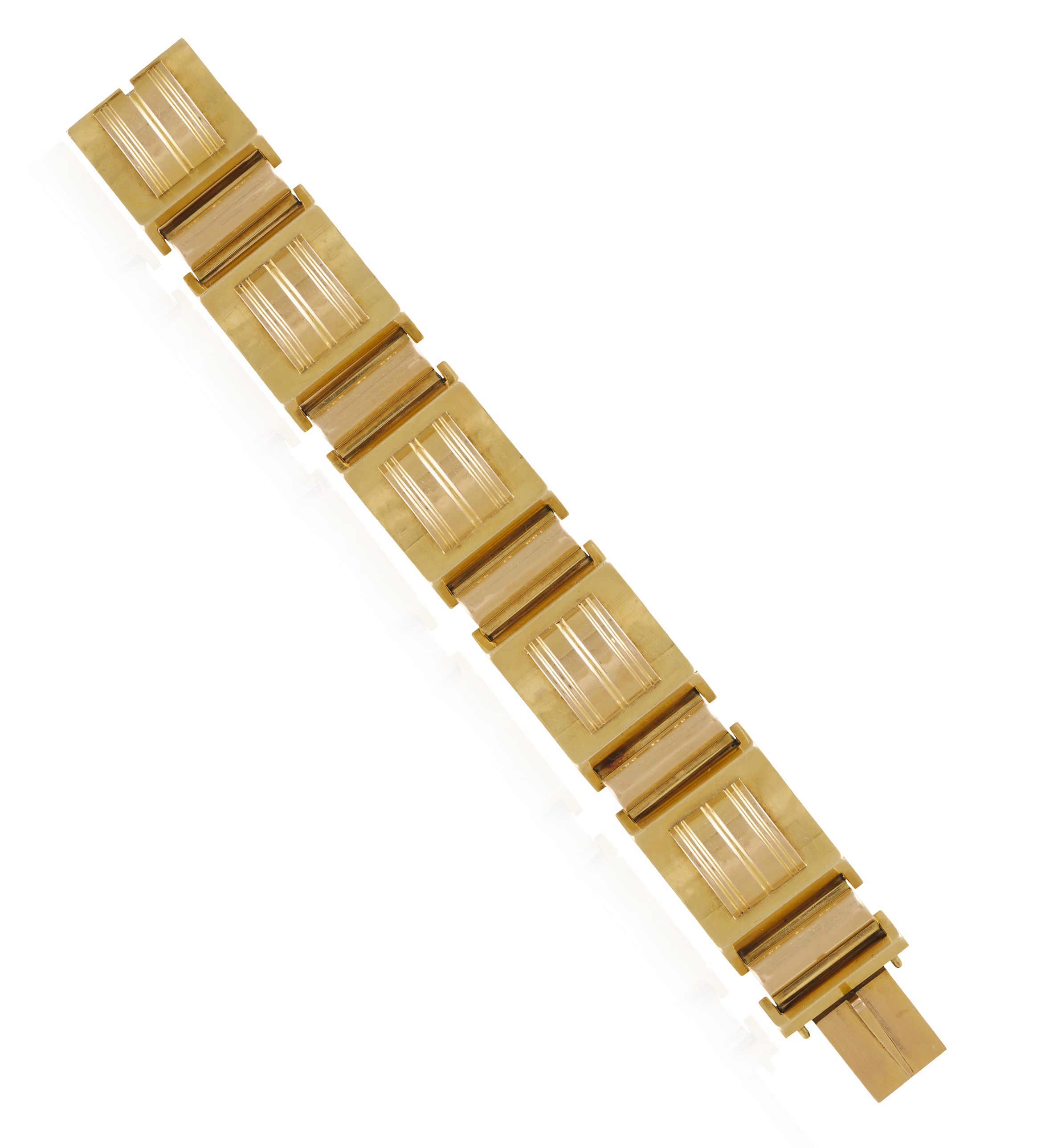 A GOLD RETRO BRACELET, CIRCA 1940 Of tank design, the articulated bi-coloured band composed of a