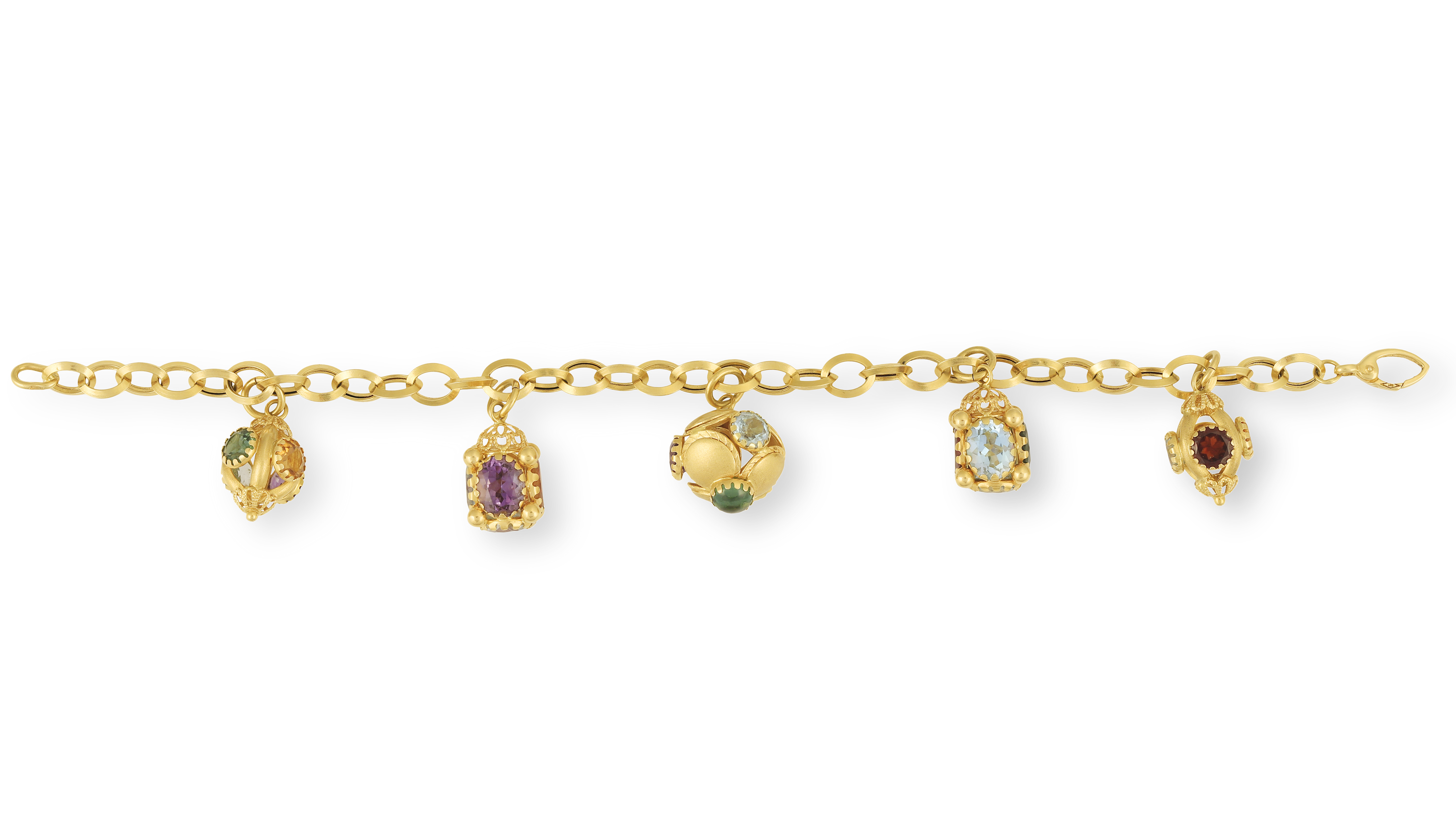 A GEM-SET CHARM BRACELET, CIRCA 1965 The fancy-link gold chain suspending five stylised lanterns - Image 2 of 4