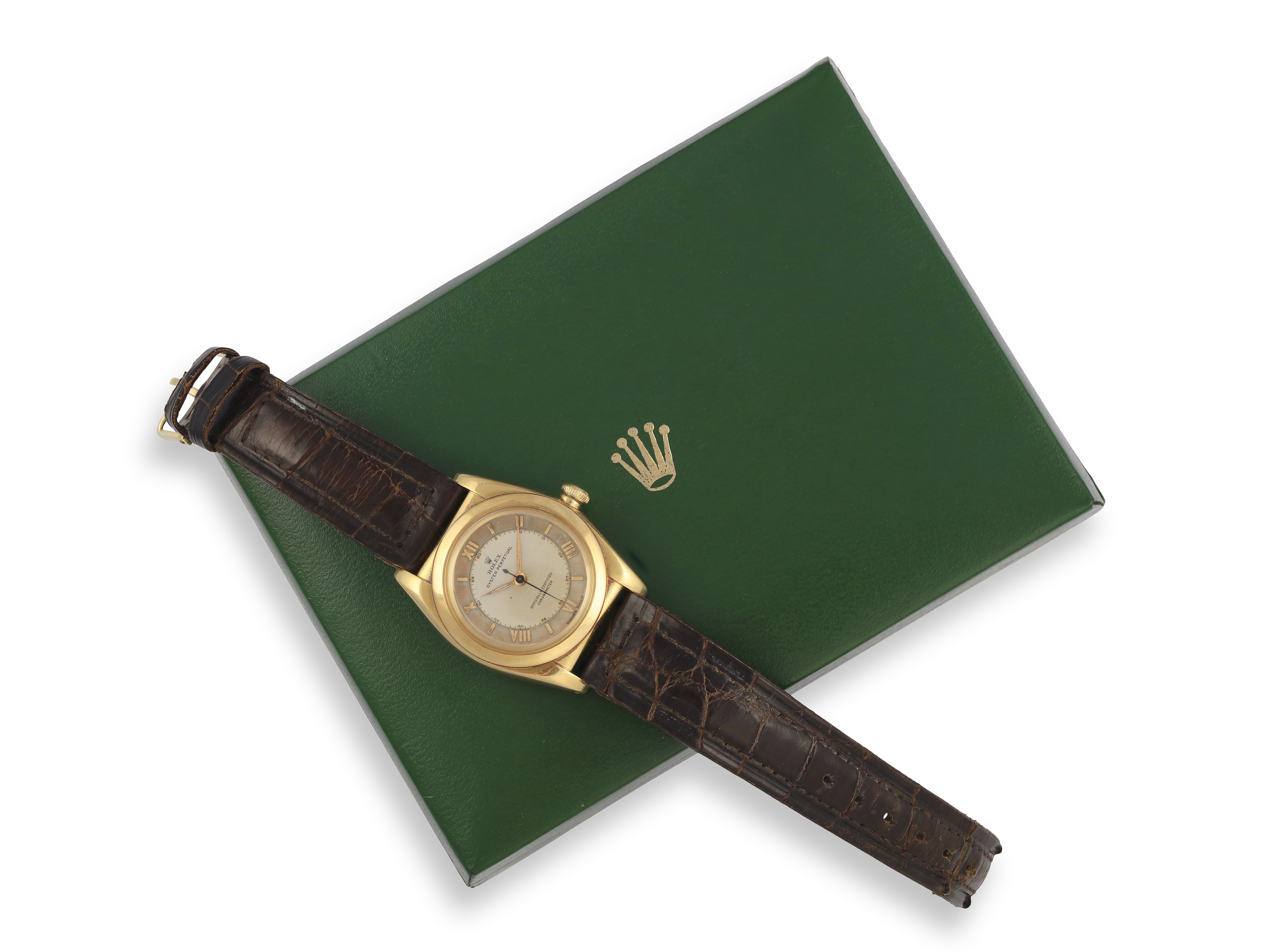 AN 18K GOLD 'BUBBLEBACK' WRISTWATCH, BY ROLEX, CIRCA 1945 17-jewel automatic movement, circular