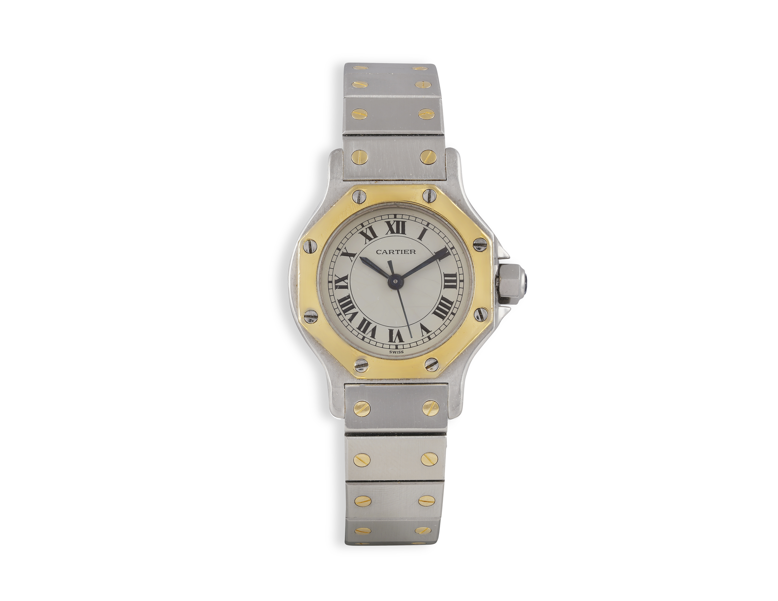 A LADY'S STAINLESS STEEL AND GOLD AUTOMATIC 'SANTOS' BRACELET WATCH, BY CARTIER, CIRCA 1990 Jewelled