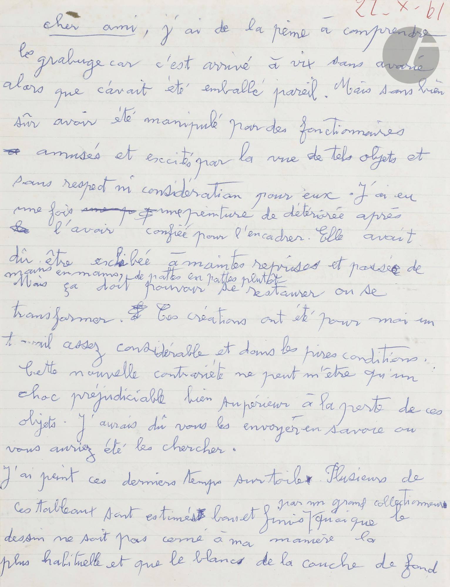 Gaston CHAISSAC (1910-1964)Lettre manuscrite, 1961Stylo bille.Lettre dans il évoque à son marchand