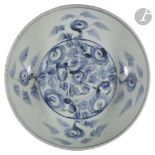 CHINE, Fours de Swatow (Zhangzhou) - Époque MING (1368 - 1644) Plat rond en grès décoré en bleu sous