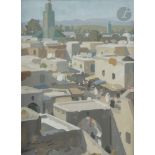 Raymond CRETOT-DUVAL (1895-1986) Rue au Maroc, vers 1955 Gouache. Signée en bas à droite. 38 x 42