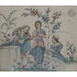 Peinture sur soie, Iran, style qâjar, début XXe siècle Dans un paysage, un homme est désaltéré par