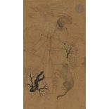 Le dompteur de singes, Iran, style safavide, XIXe siècle Dessin sur papier. L'homme se tient près