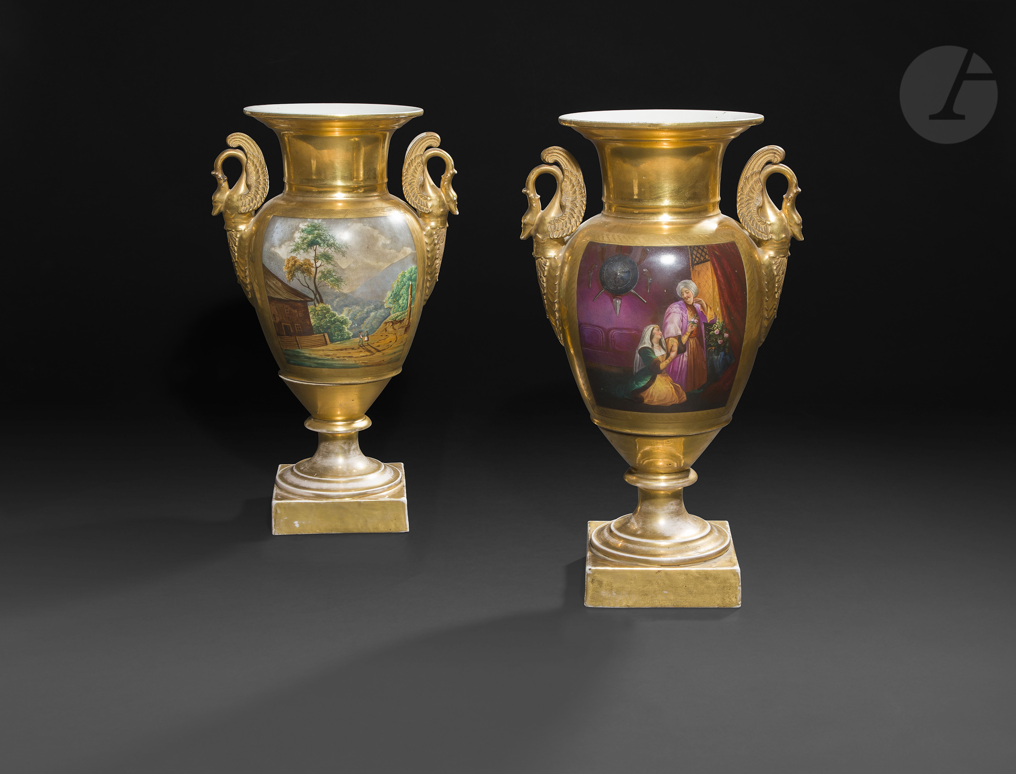 Paire de vases à décor de turqueries et de paysages, Paris, XIXe siècle, vers 1840 Porcelaines de