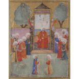 Audience sultanienne, Turquie ottomane, XVIe siècle Miniature à la gouache et à l'or sur papier