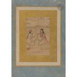 Deux femmes assises sur une terrasse, Inde moghole, XVIIIe siècle Dessin sur papier rehaussé d'