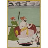 Raja fumant la huqqa, Inde du nord, Rajasthan, Bundi, XIXe siècle Gouache et or sur papier épais. Le