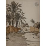 ECOLE ORIENTALISTE El Maadid, 1929 Aquarelle et encre. Signée et datée en bas à droite.