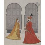 Un raja face à une femme à l'intérieur d'un palais, Inde du Haut Pendjab, XIXe siècle Gouache sur