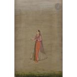 Portrait de jeune femme de profil, Inde, art moghol, fin XVIIIe siècle Miniature sur page d'album.