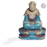 CHINE Statuette en porcelaine émaillée sur le biscuit en bleu turquoise et aubergine de bouddha