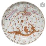 CHINE - Époque GUANGXU (1875 - 1908) Plat rond en porcelaine émaillée polychrome dans le style de la