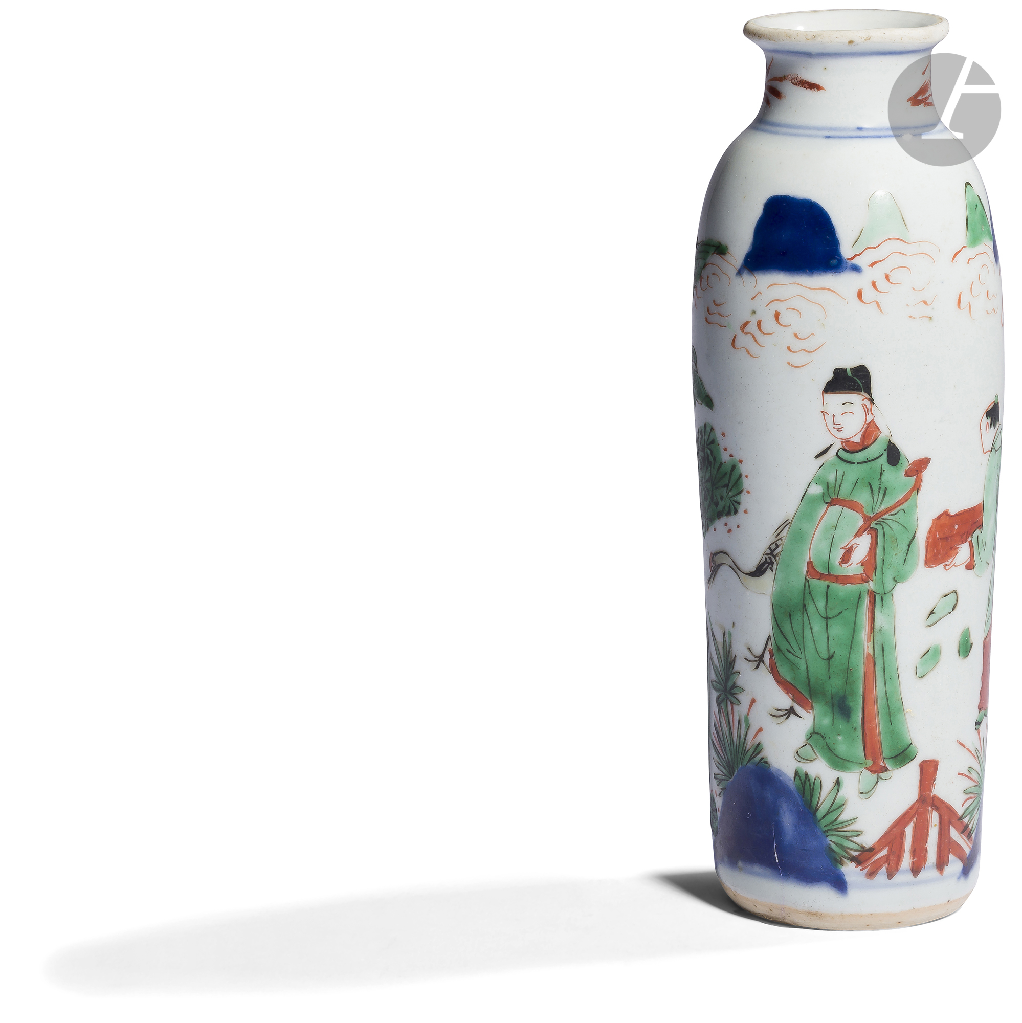 CHINE - XVIIe siècle Petit vase en porcelaine émaillée polychrome dit " wucai " à décor de lettrés