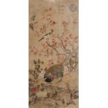 CHINE - XIXe siècle Encre et couleurs sur papier représentant des oiseaux entourés des feuilles d'