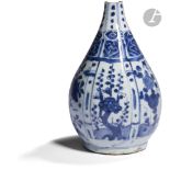 CHINE - XVIIe siècle Vase bouteille en porcelaine bleu blanc dit " kraak " à décor dans des panneaux