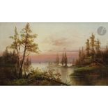 Yuliy Yulevich KLEVER (1850-1924) Vue sur le lac au soleil couchant, 1881 Huile sur toile. Signée et