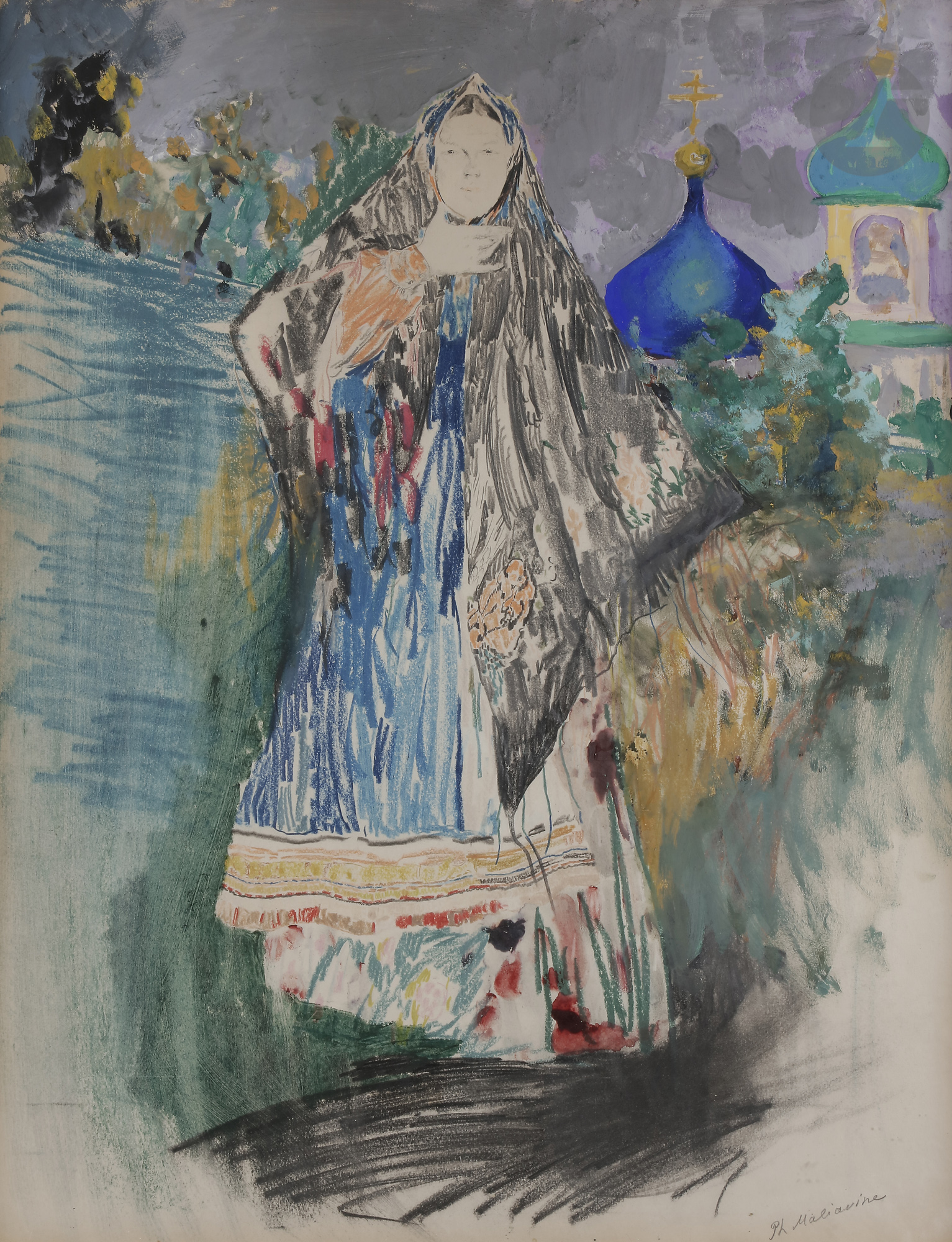 Filipp Andreevitch MALIAVIN (1869-1940) Femme au châle Technique mixte sur papier. Signée en bas à