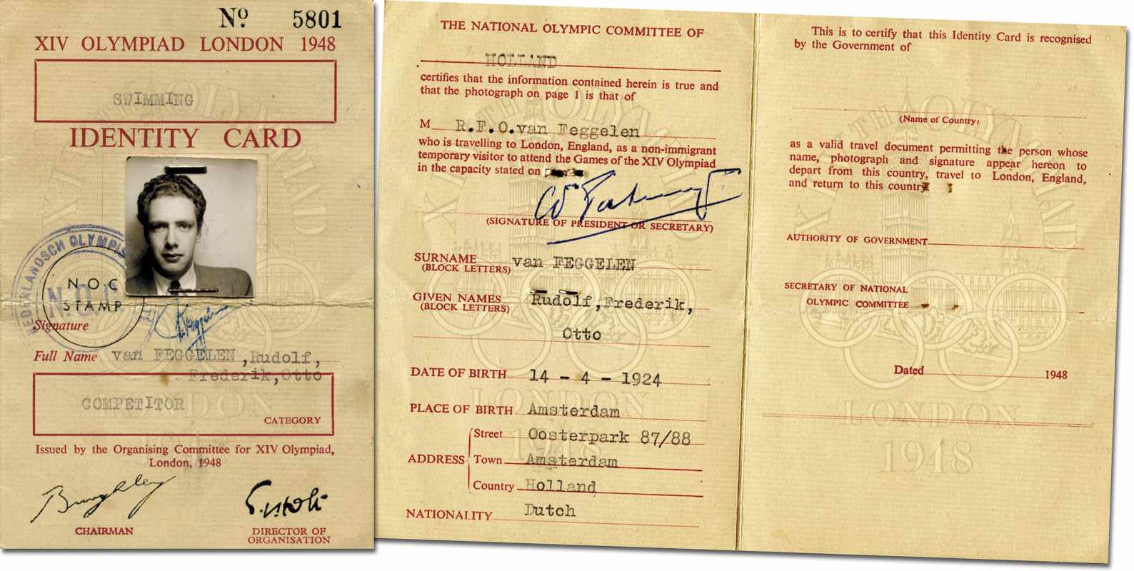 Olympic games 1948 London. Identity card - Official participation ID for the Olympic Games in London