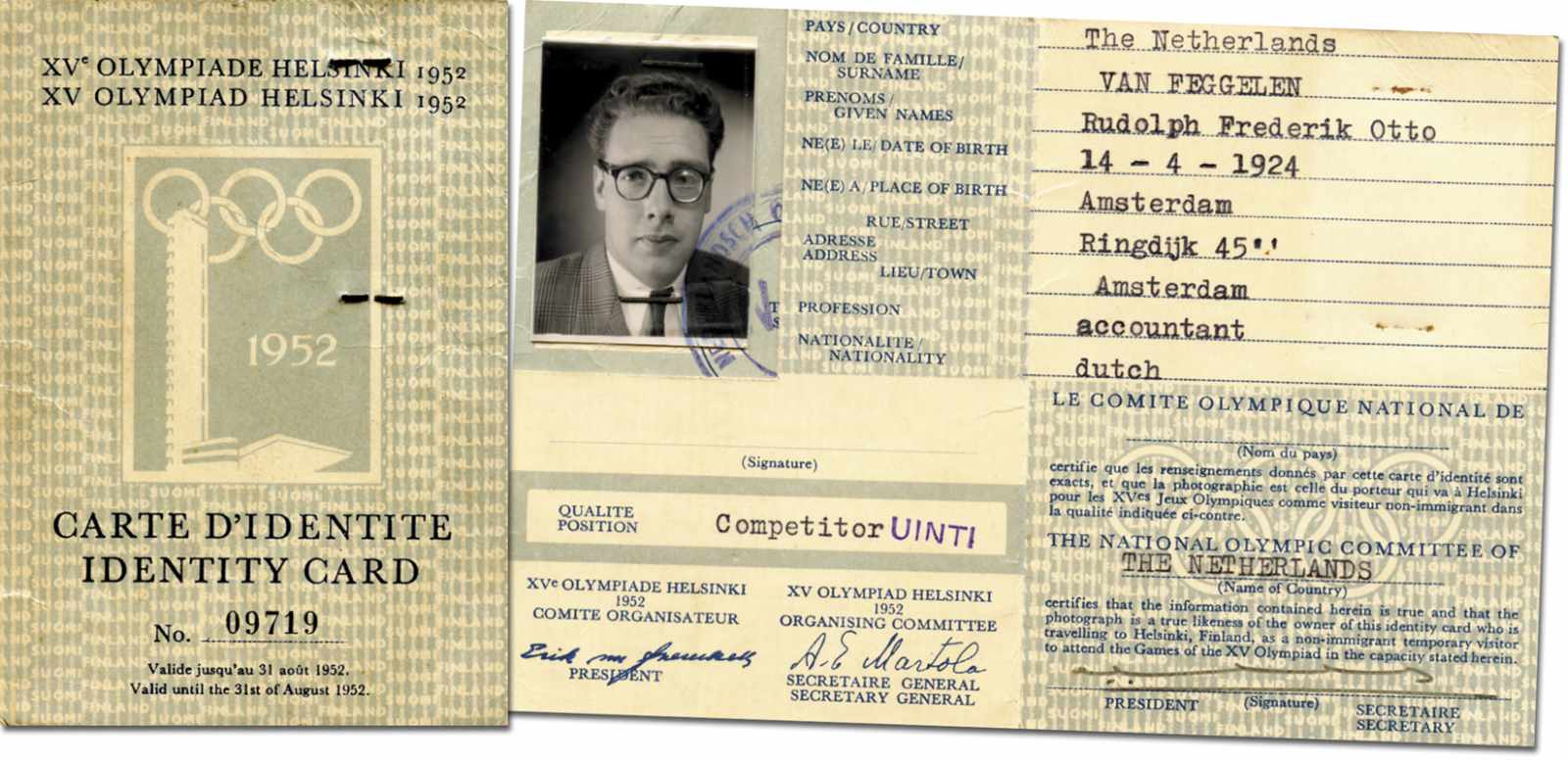 Olympic Games 1952. Identity Cards Water polo - „Identity Card. XV Olympiade Helsinki 1952“ Official