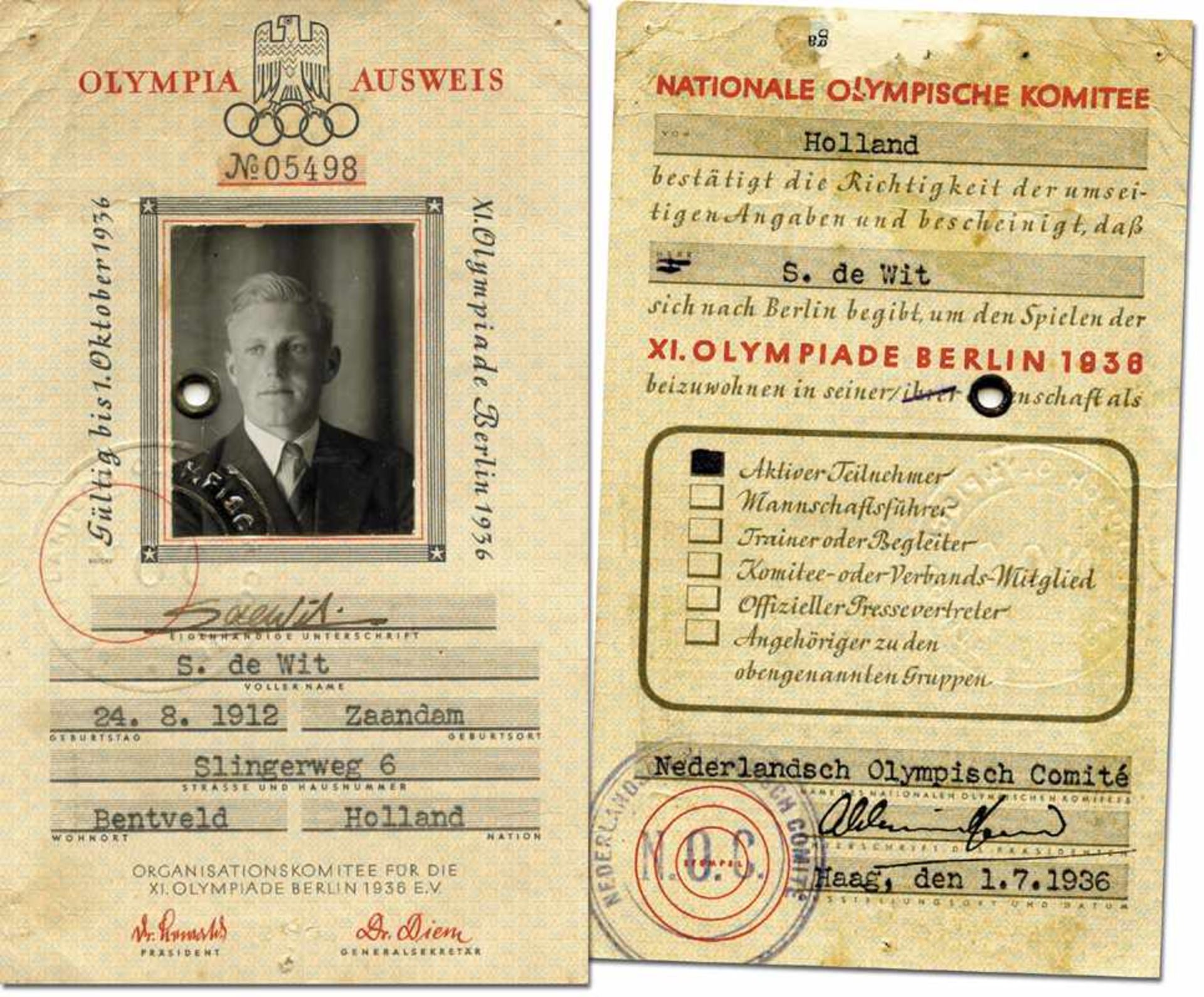 Olympic Games 1936 ID Card Netherlands Rowing - Official Olympic Games 1936 ID no 0498 for Dutch
