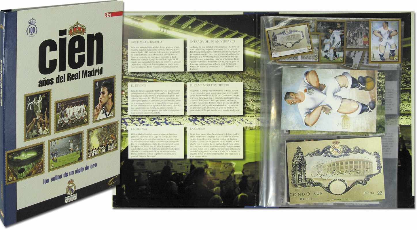 Real Madrid Collector Album Cards + Football 2002 - Album with 12 gilded stamps and 12 postcards