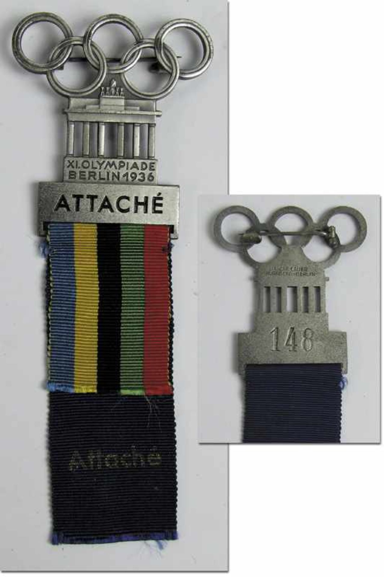 Olympic Games Berlin 1936 Participation badge - „Attaché“. Silvered. With short ribbon in Olympic